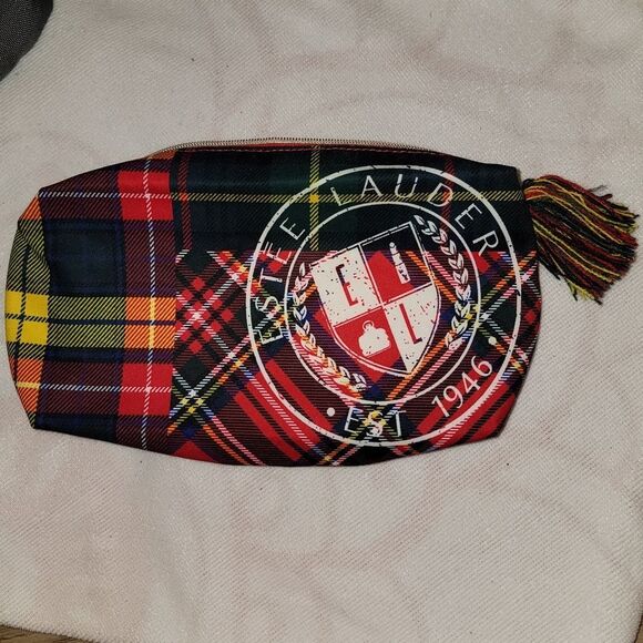 Estee Lauder Plaid Tartan Cosmetic Zipper Make Up Bag with Tassle & Big Logo - Picture 2 of 13